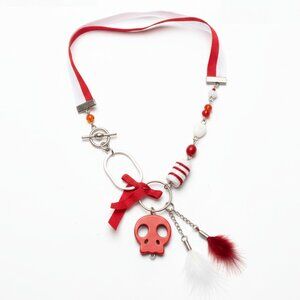 CREATION - Skull short necklace Ruban bead fabric feather Red white
